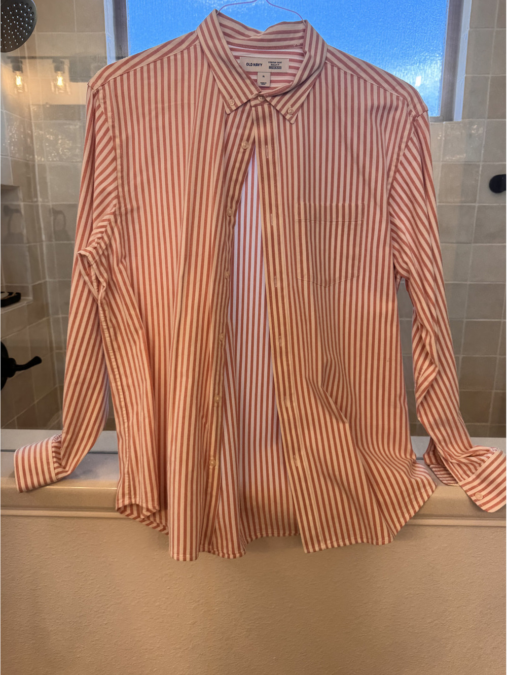 Old Navy red white striped button down shirt